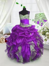 Luxurious Pick Ups Ball Gowns Little Girls Pageant Dress Wholesale Lavender Spaghetti Straps Organza Sleeveless Floor Length Lace Up