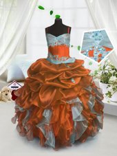 Custom Design Rust Red Little Girl Pageant Gowns Party and Wedding Party and For with Beading and Ruffles and Pick Ups Spaghetti Straps Sleeveless Lace Up