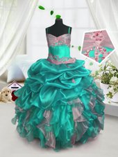 Affordable Floor Length Turquoise Child Pageant Dress Organza Sleeveless Beading and Ruffles and Pick Ups