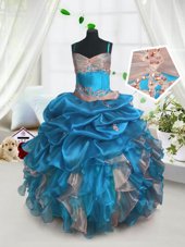 Graceful Sleeveless Organza Floor Length Lace Up Girls Pageant Dresses in Baby Blue for with Beading and Ruffles and Pick Ups