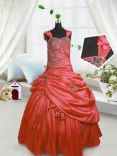 Inexpensive Watermelon Red Straps Lace Up Beading and Pick Ups Little Girls Pageant Dress Sleeveless