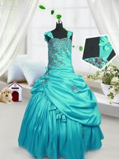 Turquoise Lace Up Little Girls Pageant Gowns Beading and Pick Ups Sleeveless Floor Length