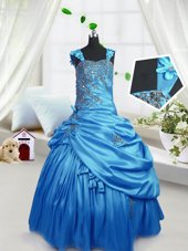 Classical Aqua Blue Zipper Straps Beading and Pick Ups Child Pageant Dress Satin Sleeveless