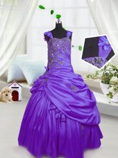 Attractive Pick Ups Purple Sleeveless Satin Lace Up Little Girl Pageant Gowns for Party and Wedding Party