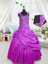 Fashionable Straps Sleeveless Little Girl Pageant Dress Floor Length Beading and Pick Ups Fuchsia Satin