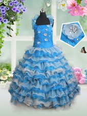 Custom Design Ruffled Straps Sleeveless Lace Up Girls Pageant Dresses Baby Blue Organza