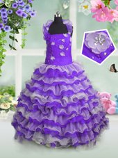 High Class Organza Straps Sleeveless Lace Up Beading and Appliques and Ruffled Layers Pageant Gowns For Girls in Lavender