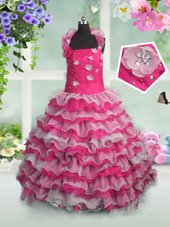 Hot Pink Ball Gowns Straps Sleeveless Organza Floor Length Lace Up Beading and Appliques and Ruffled Layers Girls Pageant Dresses