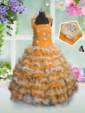 Stunning Orange Sleeveless Beading and Appliques and Ruffled Layers Floor Length Pageant Gowns For Girls