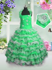 Inexpensive Straps Sleeveless Organza Pageant Gowns For Girls Beading and Appliques and Ruffled Layers Lace Up