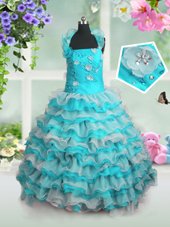 Elegant Floor Length Blue And White Little Girl Pageant Gowns Organza Sleeveless Beading and Appliques and Ruffled Layers
