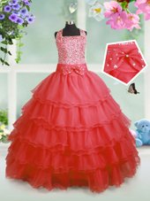 Coral Red Organza Zipper Girls Pageant Dresses Sleeveless Floor Length Beading and Ruffles and Bowknot