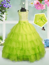 Eye-catching Apple Green Square Zipper Beading and Ruffled Layers Pageant Gowns For Girls Sleeveless