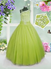 Superior Apple Green Ball Gowns Beading Little Girl Pageant Dress Side Zipper Tulle Sleeveless Floor Length