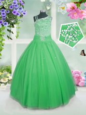 Discount Sleeveless Tulle Floor Length Side Zipper Kids Pageant Dress in Green for with Beading