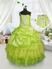 Exquisite One Shoulder Sleeveless Satin and Tulle Floor Length Lace Up Kids Formal Wear in Yellow Green for with Beading and Ruffled Layers and Pick Ups