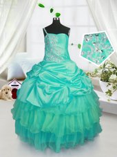Top Selling Turquoise Organza Lace Up Girls Pageant Dresses Sleeveless Floor Length Beading and Ruffled Layers and Pick Ups