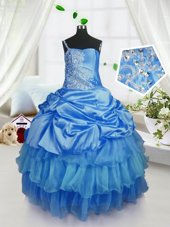 Charming Floor Length Lace Up Little Girls Pageant Dress Wholesale Baby Blue and In for Military Ball and Sweet 16 and Quinceanera with Beading and Ruffled Layers and Pick Ups