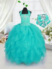 Super Organza Halter Top Sleeveless Lace Up Beading Little Girls Pageant Dress in Aqua Blue