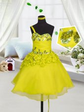Perfect Yellow Lace Up Sweetheart Beading and Appliques and Hand Made Flower Little Girls Pageant Gowns Organza Sleeveless