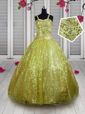 Trendy Gold Sequined Lace Up Straps Sleeveless Floor Length Pageant Gowns For Girls Sequins
