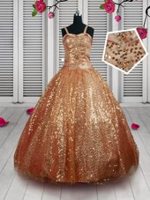 Latest Rust Red Sequined Lace Up Little Girls Pageant Dress Sleeveless Floor Length Beading and Sequins