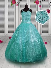 Most Popular Sleeveless Floor Length Beading and Sequins Lace Up Girls Pageant Dresses with Turquoise