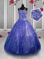 Excellent Blue Sleeveless Beading and Sequins Floor Length Little Girls Pageant Dress Wholesale