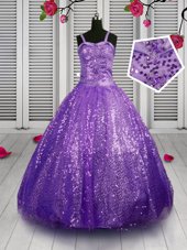 Classical Sleeveless Sequined Floor Length Lace Up Kids Formal Wear in Lavender for with Sequins