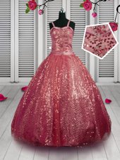 Watermelon Red Sleeveless Beading and Sequins Floor Length Girls Pageant Dresses