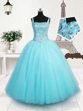 Attractive Light Blue Straps Neckline Beading and Sequins Little Girls Pageant Dress Wholesale Sleeveless Lace Up