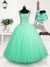 Simple Turquoise Little Girls Pageant Gowns Party and Wedding Party and For with Beading and Sequins Straps Sleeveless Lace Up