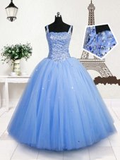 Beautiful Tulle Sleeveless Floor Length Kids Pageant Dress and Beading and Sequins
