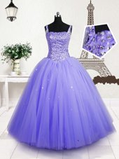 Lavender Straps Lace Up Beading and Sequins Pageant Gowns For Girls Sleeveless