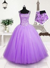 Lilac Ball Gowns Tulle Straps Sleeveless Beading and Sequins Floor Length Lace Up Little Girls Pageant Dress