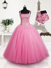 Latest Beading and Sequins Little Girls Pageant Gowns Baby Pink Lace Up Sleeveless Floor Length