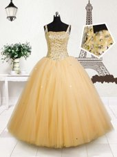 High End Orange Ball Gowns Tulle Straps Sleeveless Beading and Sequins Floor Length Lace Up Little Girl Pageant Gowns