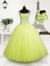Sleeveless Tulle Floor Length Lace Up Child Pageant Dress in Yellow Green for with Beading and Sequins
