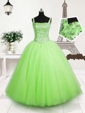 High End Apple Green Tulle Lace Up Straps Sleeveless Floor Length Little Girl Pageant Gowns Beading and Sequins