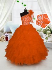 One Shoulder Orange Ball Gowns Embroidery and Ruffles Little Girls Pageant Gowns Lace Up Organza Sleeveless Floor Length