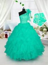 One Shoulder Turquoise Lace Up Girls Pageant Dresses Embroidery and Ruffles Sleeveless Floor Length