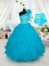 Elegant One Shoulder Turquoise Lace Up Kids Pageant Dress Embroidery and Ruffles Sleeveless Floor Length
