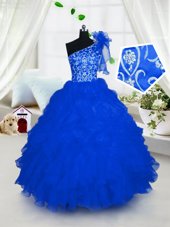 One Shoulder Floor Length Lace Up Little Girl Pageant Dress Royal Blue and In for Party and Wedding Party with Embroidery and Ruffles