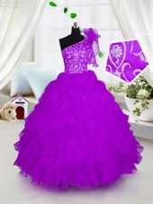 Enchanting One Shoulder Fuchsia Organza Lace Up Kids Formal Wear Short Sleeves Floor Length Appliques and Ruffles