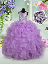 Scoop Organza Sleeveless Floor Length Kids Pageant Dress and Ruffles and Sequins