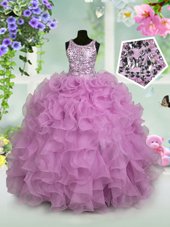 Latest Scoop Floor Length Zipper Pageant Gowns For Girls Lilac and In for Party and Wedding Party with Ruffles and Sequins