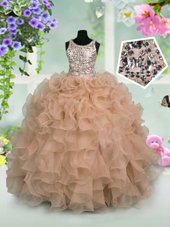 Eye-catching Scoop Sleeveless Organza Floor Length Zipper Pageant Gowns For Girls in Pink for with Ruffles and Sequins