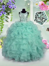 Dramatic Turquoise Ball Gowns Organza Scoop Sleeveless Ruffles and Sequins Floor Length Zipper Little Girls Pageant Dress