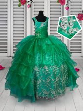 Best Organza Sleeveless Floor Length Pageant Gowns For Girls and Appliques and Ruffled Layers