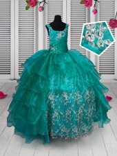 Custom Fit Straps Sleeveless Organza Pageant Gowns For Girls Appliques and Ruffled Layers Lace Up